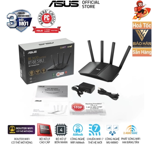 Router Wifi 7 Asus RT-BE58U BE3600 AiMesh Extendable Router, 4K-QAM, MLO, AI Detection 2.5G Port
